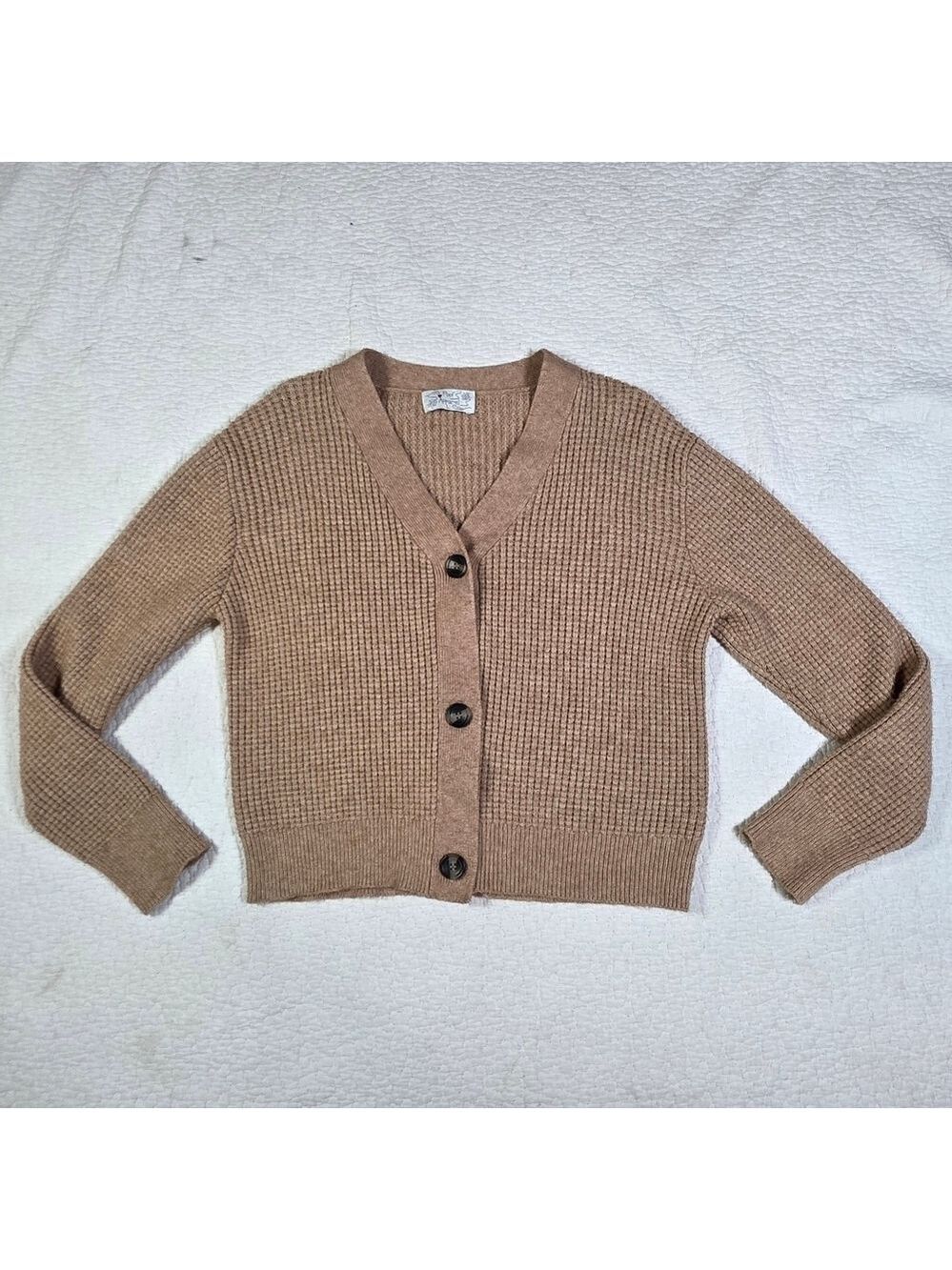 Poof Apparel Brown Cropped V Neck Cardigan 3 Button Closure